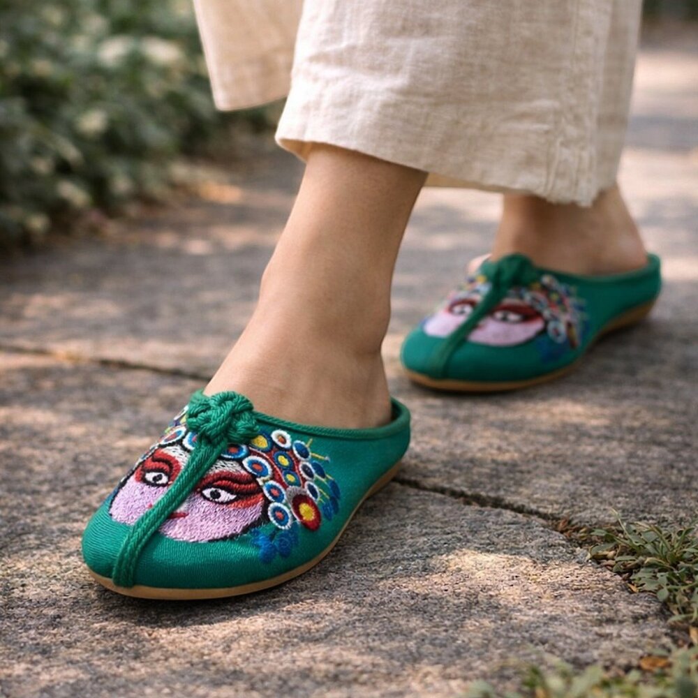 Green Embroidered Opera Flats | Backless Mules | Statement Piece - Picture 3 of 7